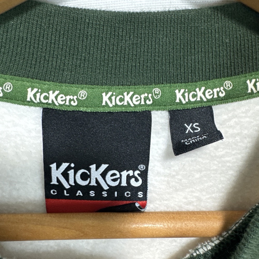Vintage Kickers Embroidered Spellout Sweater unisex sz XS TAN GREEN - Picture 3 of 10